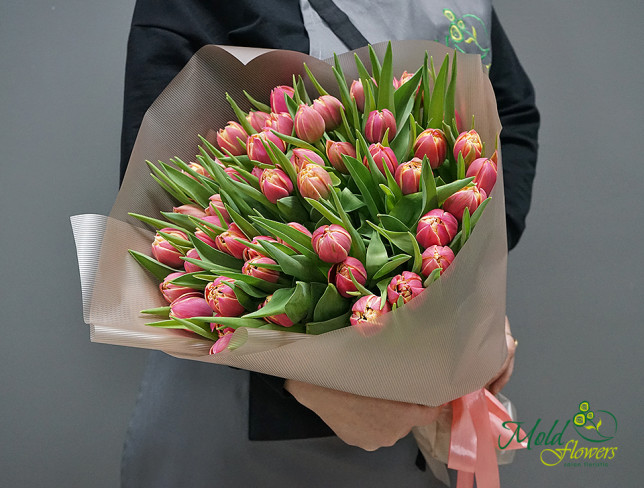 Голландские тюльпаны пионовидные розово-жёлтые Фото